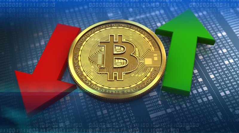 d-bitcoin-up-down-arrows-illustration-over-hexadecimal-background-100761315