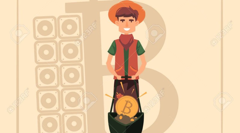 Bitcoin mining concept with young man of gold rush times with whellbarrow and bitcoin. Vector flat illustration.